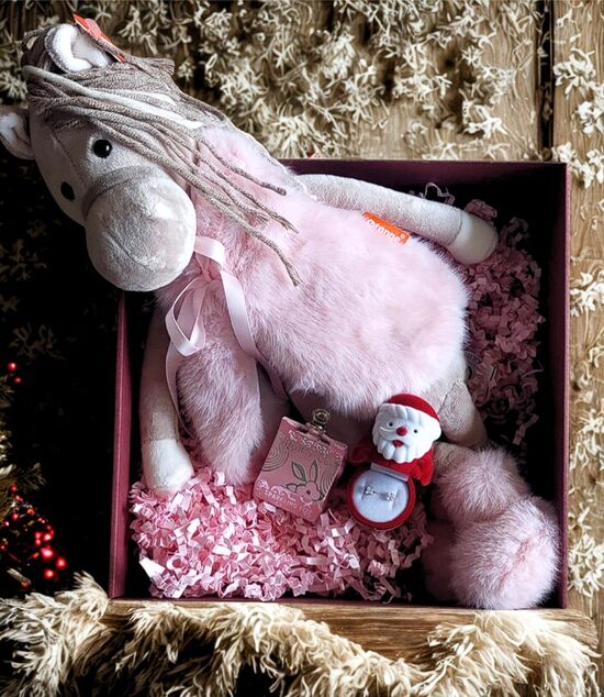 Dovanų rinkinys: auksiniai auskarai ir pliušinis žirgelis „Rosie“